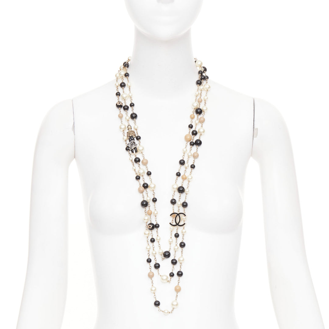 CHANEL B14C Coco Mademoiselle Figure black beige pearl triple sautoir necklace