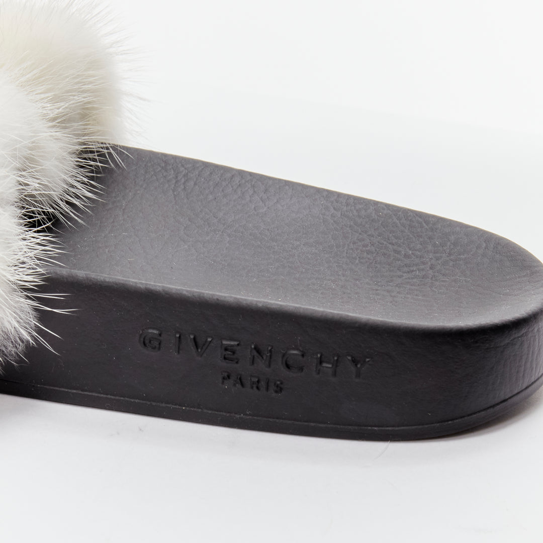 GIVENCHY Tisci fox fur red white stripes debossed logo black pool slides EU38