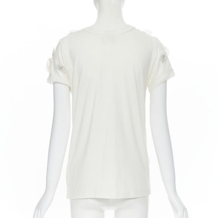 LANVIN ALBER ELBAZ Collection Blanche white silk pearl crystal flower tshirt XS