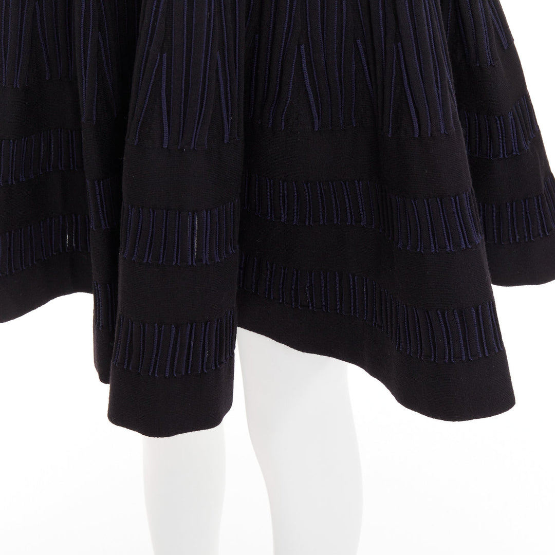 ALAIA navy black virgin wool silk blend high waist flared knitted skirt IT36 XXS