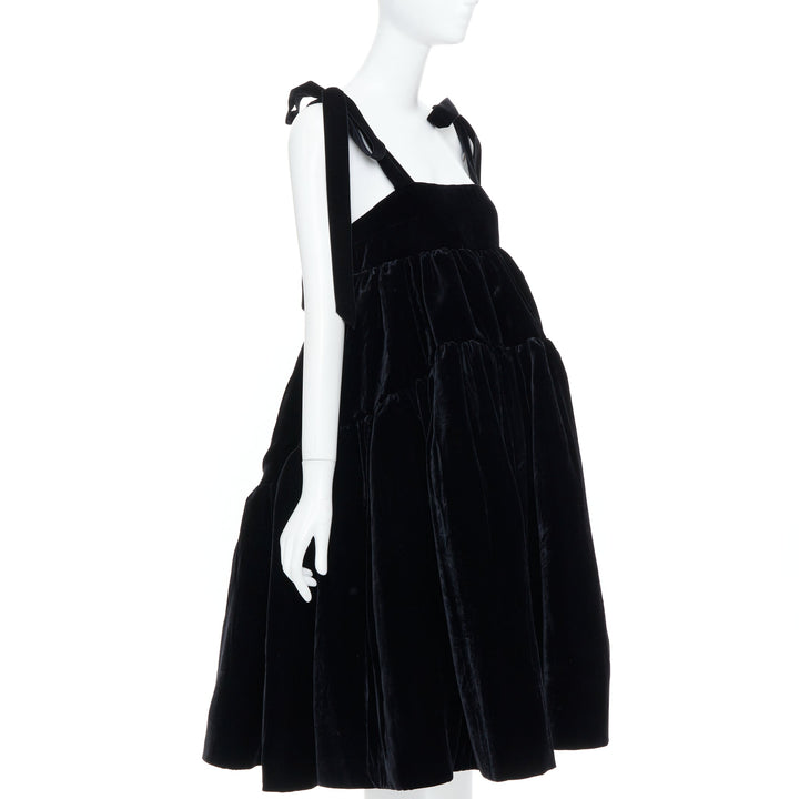 CECILIE BAHNSEN 2018 Runway Bey black velvet tiered tie shoulder dress UK8 S