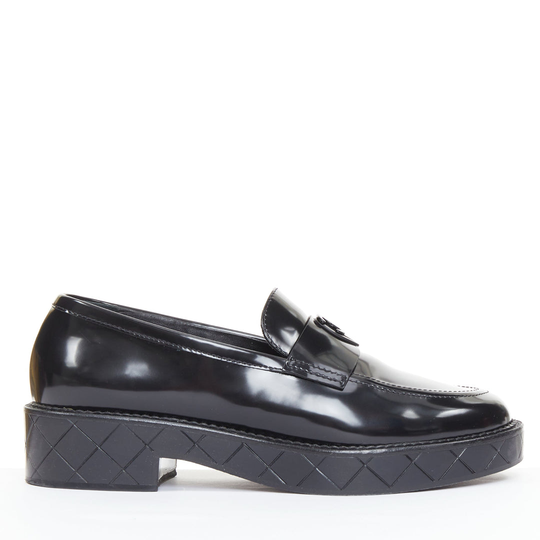 CHANEL 24K Heart CC black  leather quilted platform penny loafers shoes EU39.5