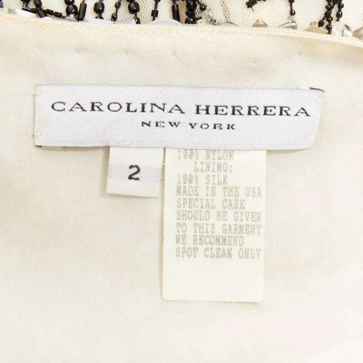 CAROLINA HERRERA teal green cream black silk fully beaded crystal dress US2 S