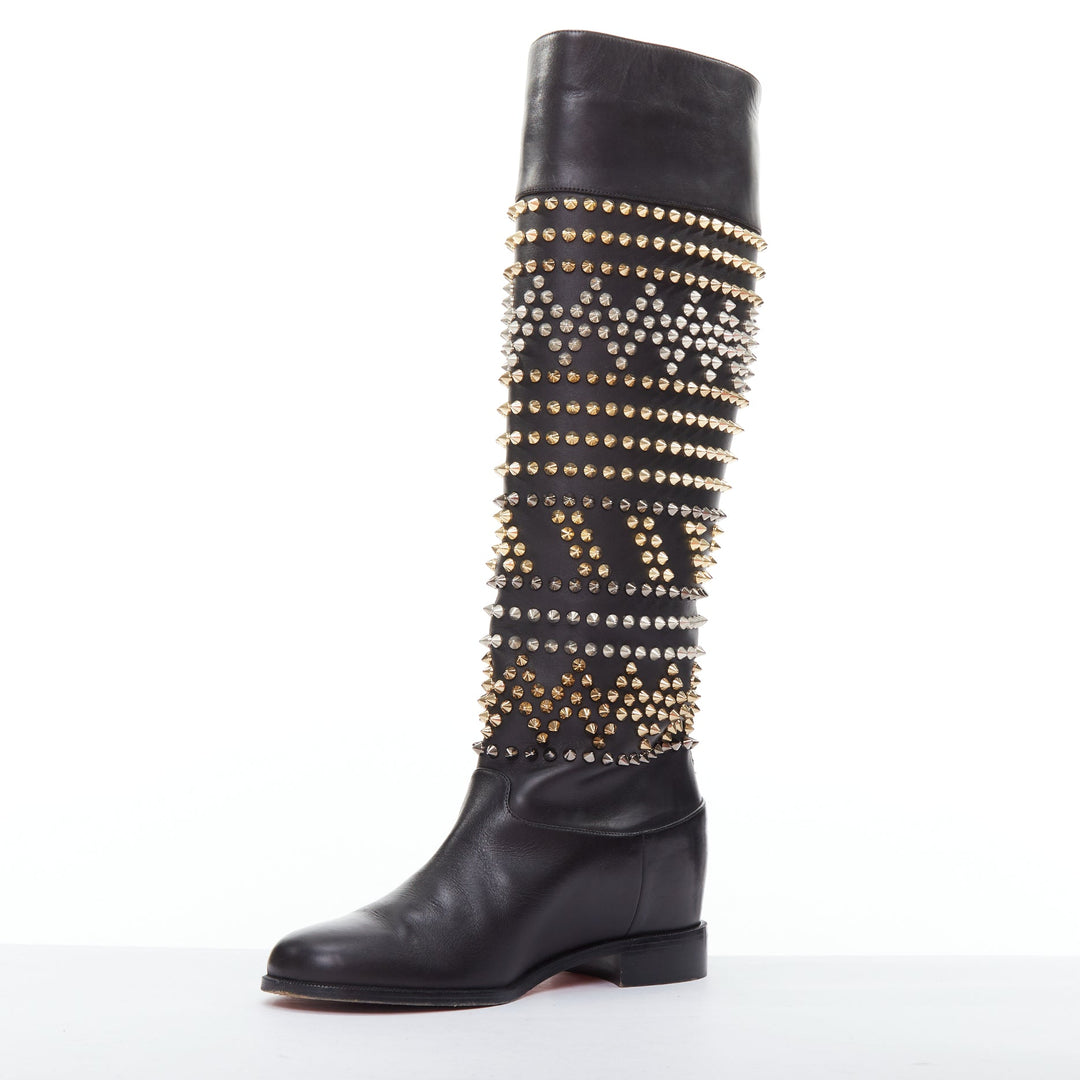 CHRISTIAN LOUBOUTIN Rom Chic black leather two tone studded long boots EU37