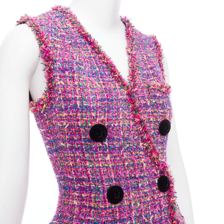 BALMAIN multicolor pink tweed black velvet buttons vest dress FR34 XS