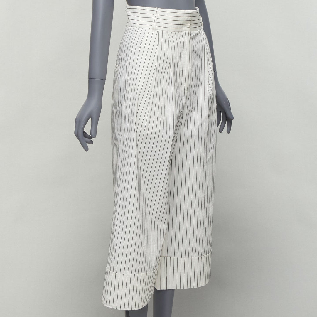 TIBI white black pinstriped linen pleated front wide leg cropped pants US0 XS