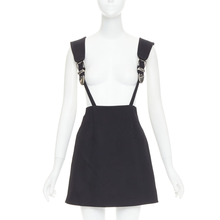 TOGA ARCHIVES Twill black leather western silver buckles suspender skirt FR36 S