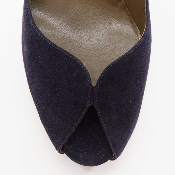 HERMES navy suede leather silk bow tie back spool heeled pumps EU37.5