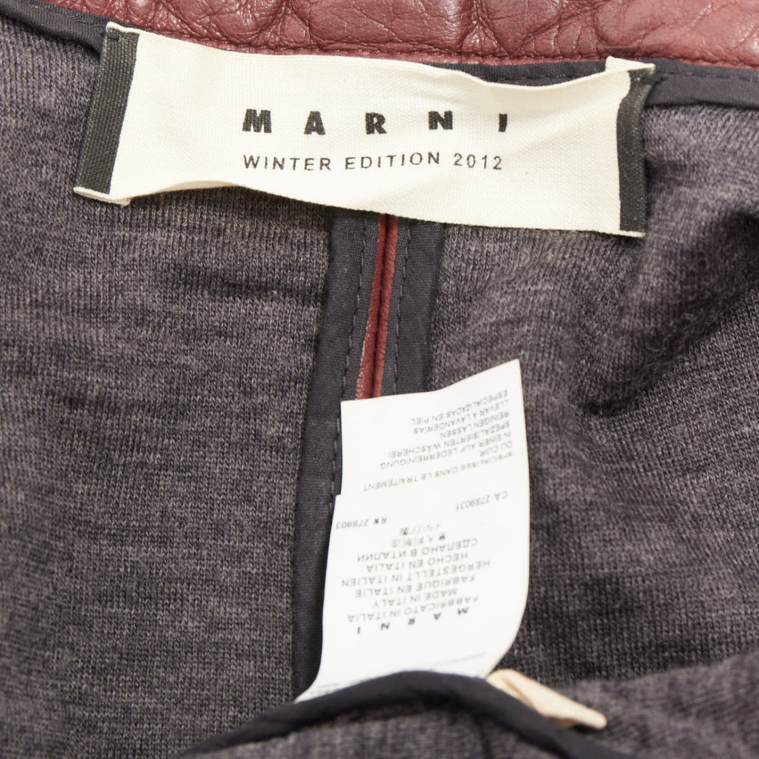 MARNI 2012 burgundy crinkled lamb leather wool lining moto biker jacket IT42 M