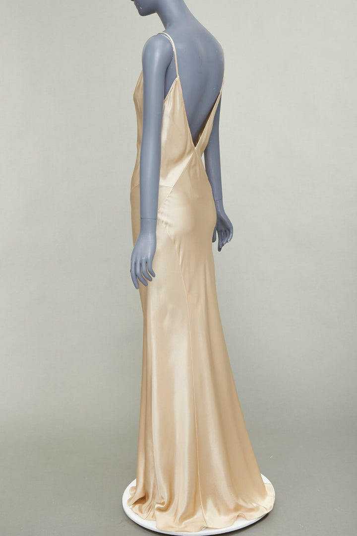 SAINT LAURENT 2024 rose champagne silk satin plunge contour panel gown FR38 M