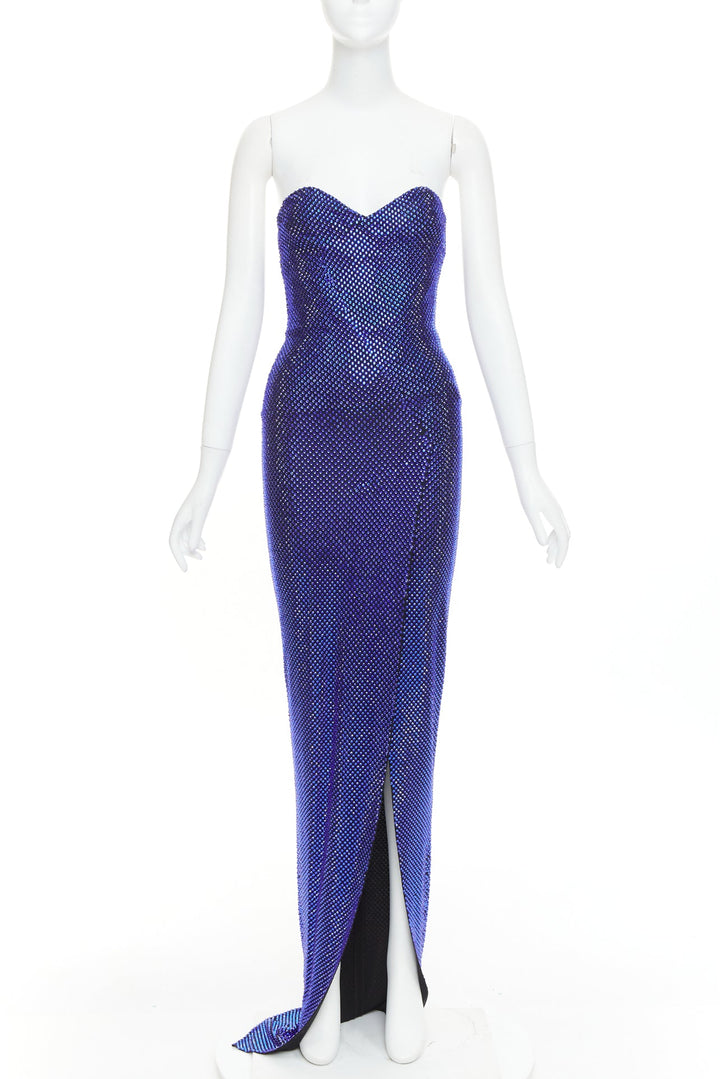 ALEXANDRE VAUTHIER  blue black strass sweetheart bustier high slit gown