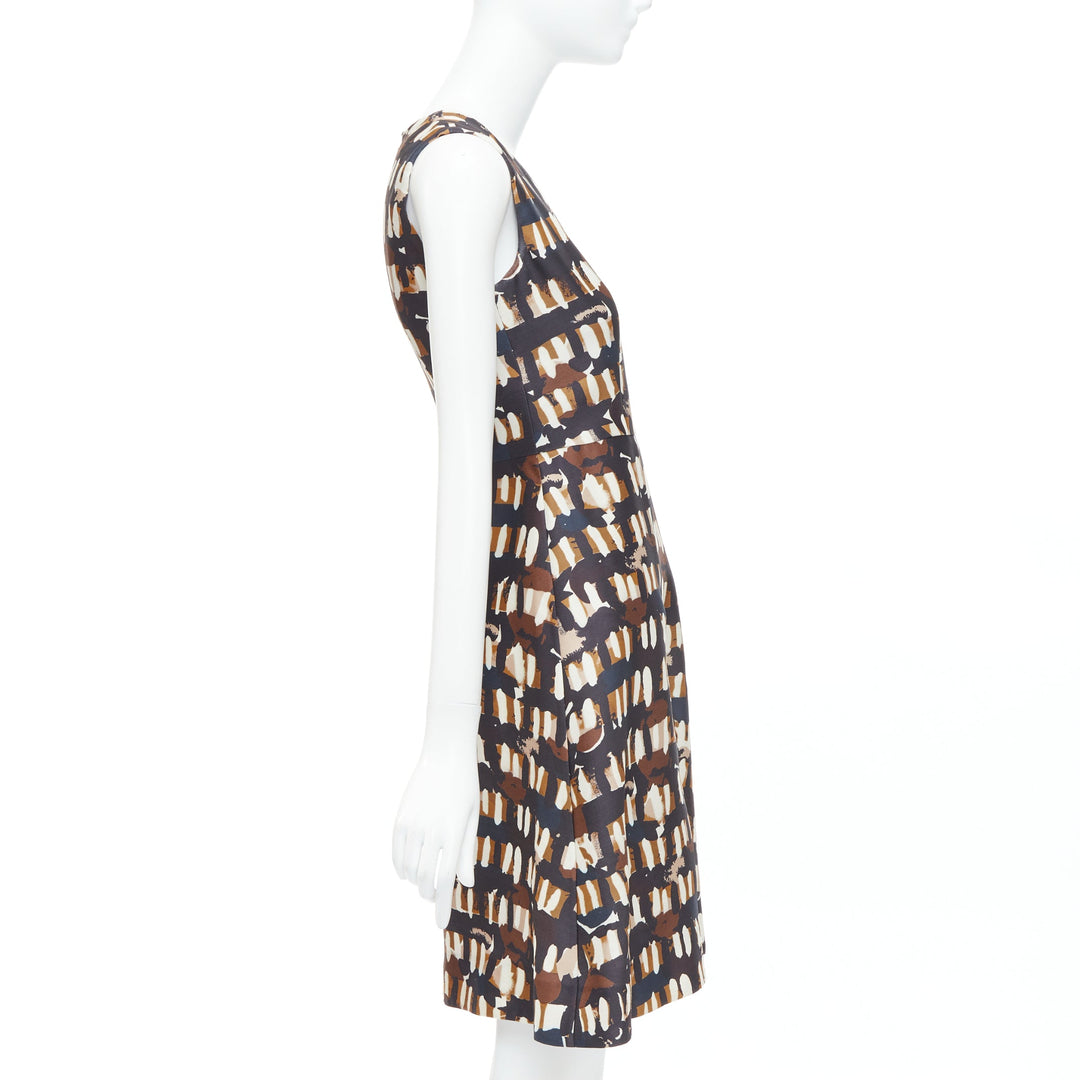 MARNI brown black wool silk abstract print fit flare dress IT38 XS