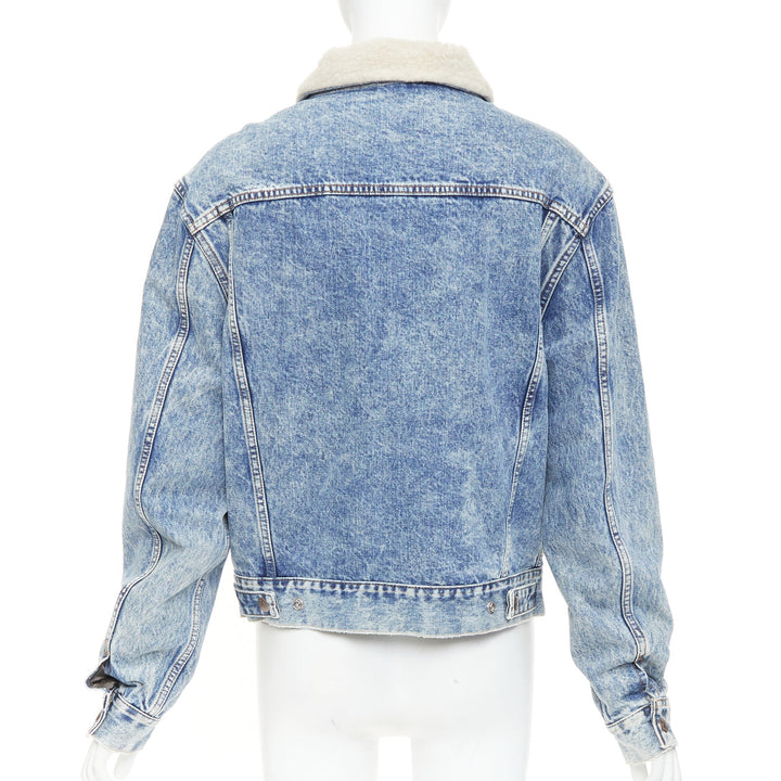 CELINE 2021 Hedi Slimane bleached denim cream shearling lined trucker jacket XS