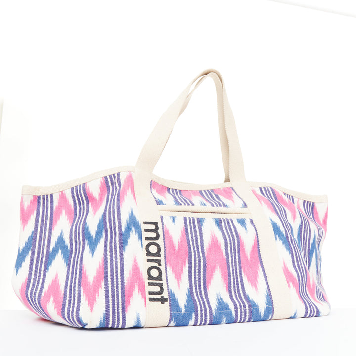 ISABEL MARANT Darwen creIkat print ecru pink blue graphic canvas logo tote bag
