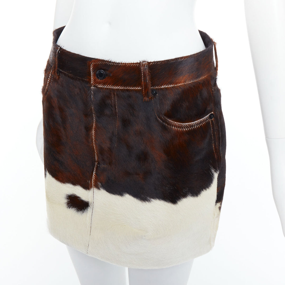 SAINT LAURENT 2018 brown white real calf hair silk lined mini skirt FR38 M