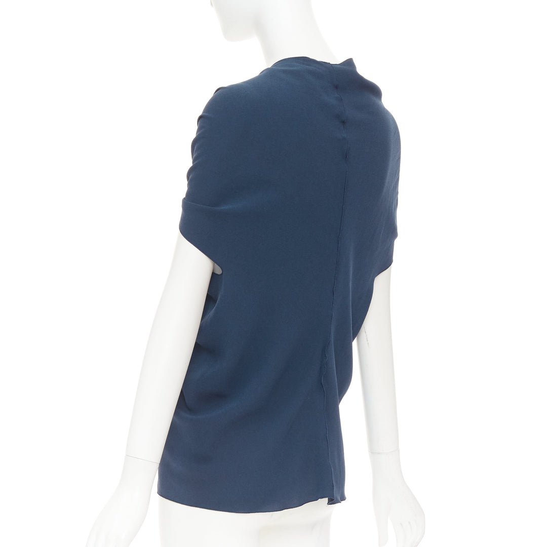 LANVIN 2009 navy triacetate blend twist front square neck ruched top FR34 XS
