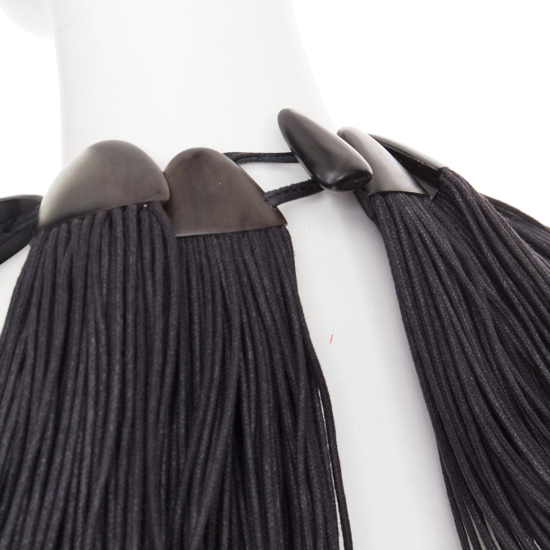 MONIES hand carved ebony wood panel fabric fringe radial statement bib necklace