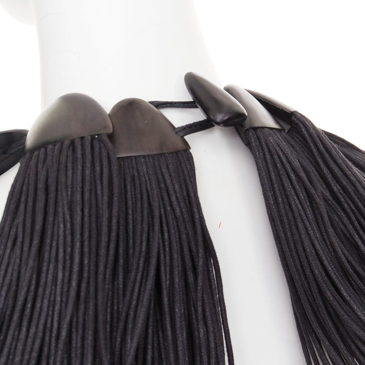 MONIES hand carved ebony wood panel fabric fringe radial statement bib necklace
