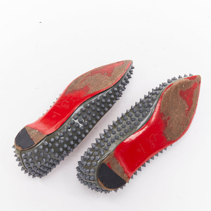 CHRISTIAN LOUBOUTIN Pigalle Spikes Flat grey patent studded ballet flats EU37.5