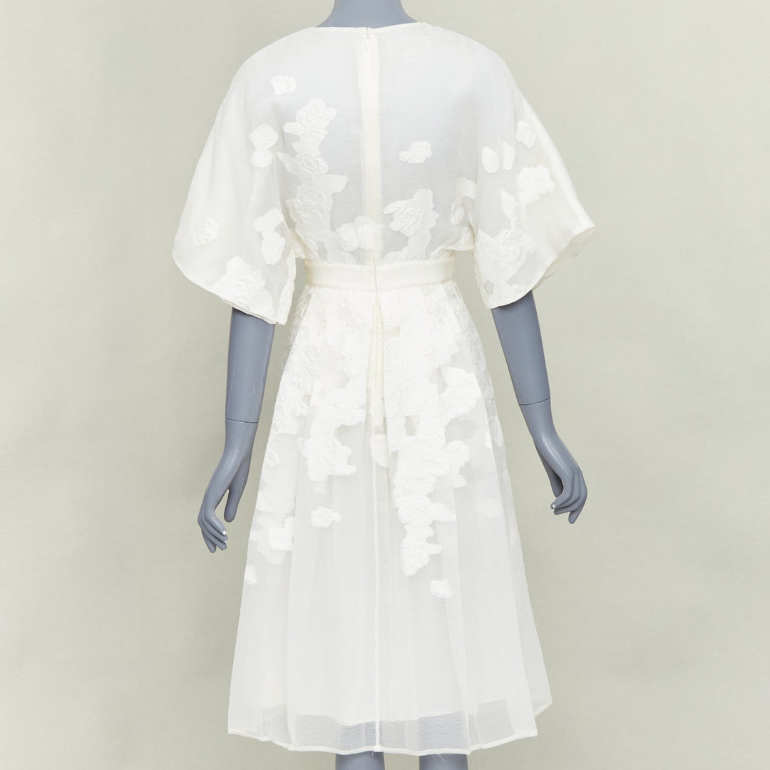 GIAMBATTISTA VALLI ivory cotton silk  floral cloque pleated midi dress IT40 XS