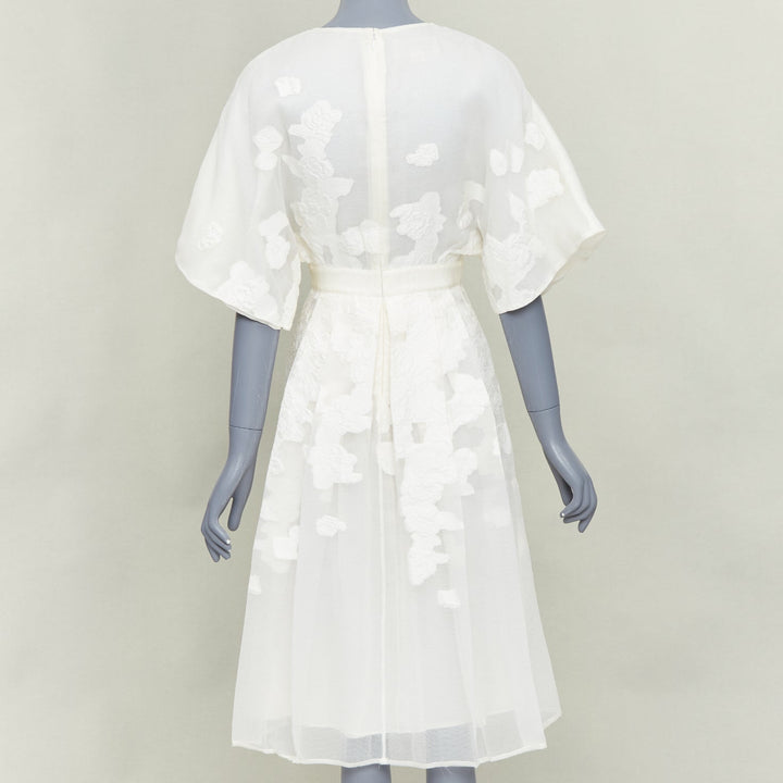 GIAMBATTISTA VALLI ivory cotton silk  floral cloque pleated midi dress IT40 XS
