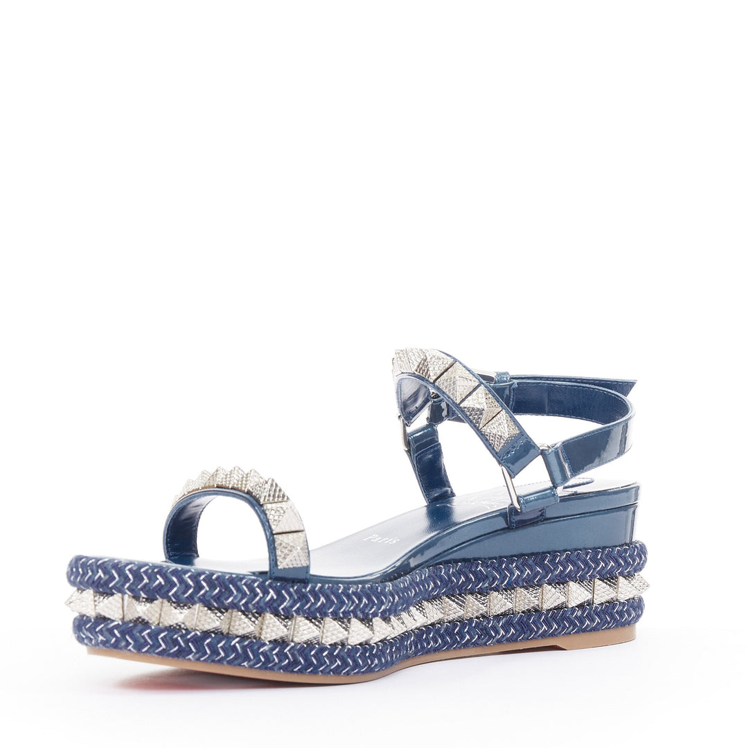 CHRISTIAN LOUBOUTIN Pyraclou 60 denim blue spikes platform wedges EU38