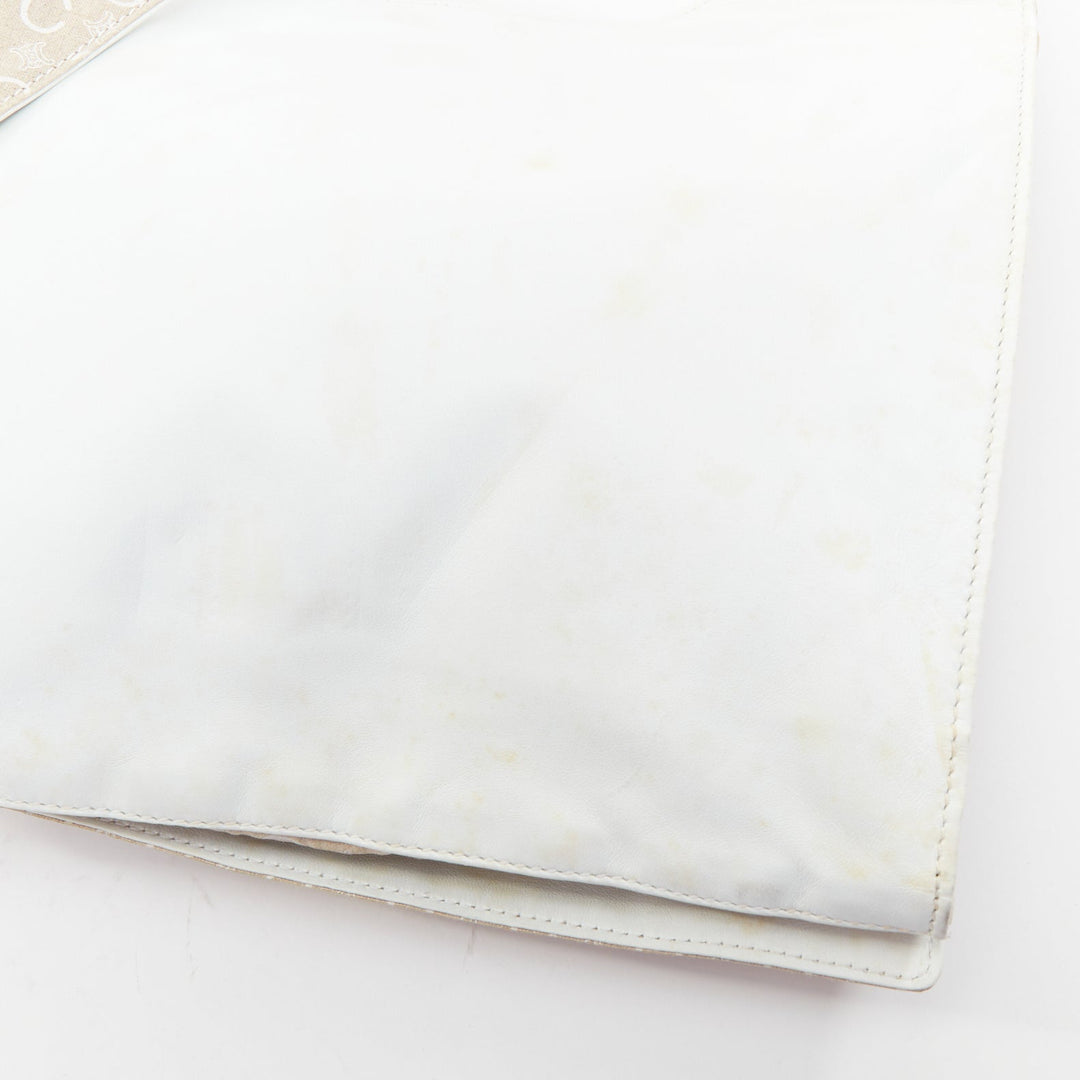 CELINE Vintage beige fabric Triomphe monogram white leather crossbody bag