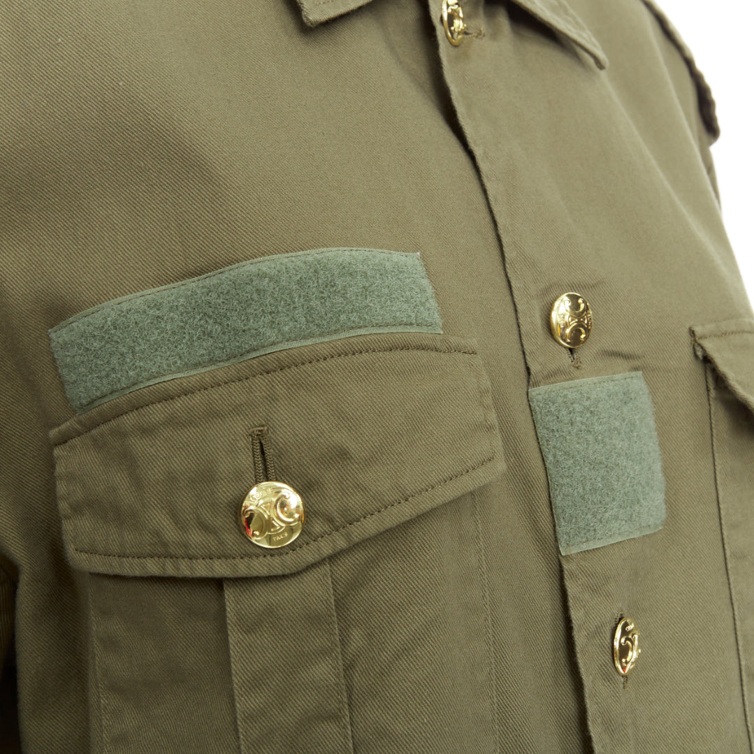 CELINE khaki green cotton gold Triomphe button military cropped shirt FR36 S