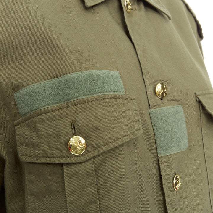 CELINE khaki green cotton gold Triomphe button military cropped shirt FR36 S