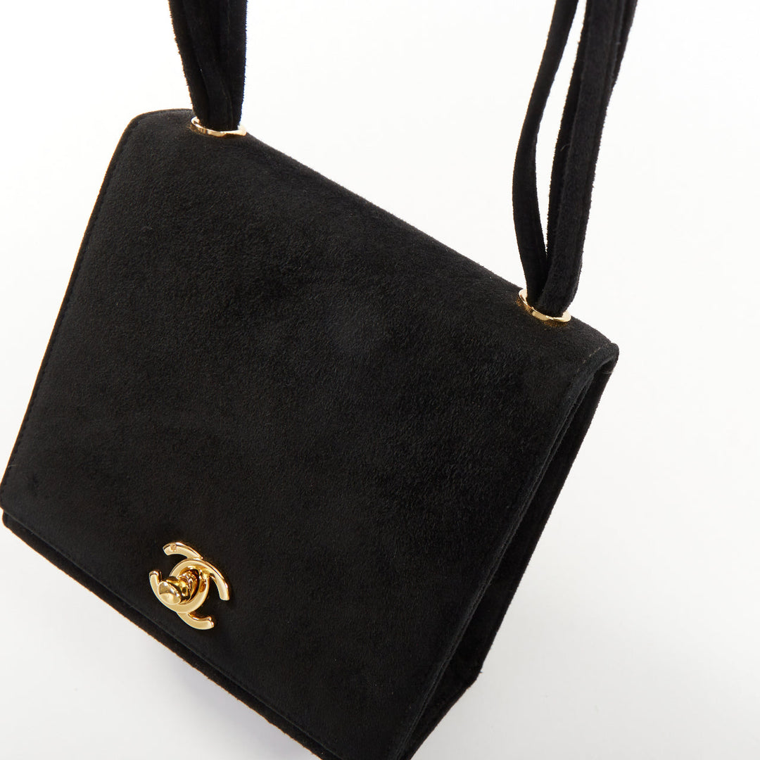 CHANEL 1994 Turnlock Flap Bag black suede triple strap vintage shoulder bag