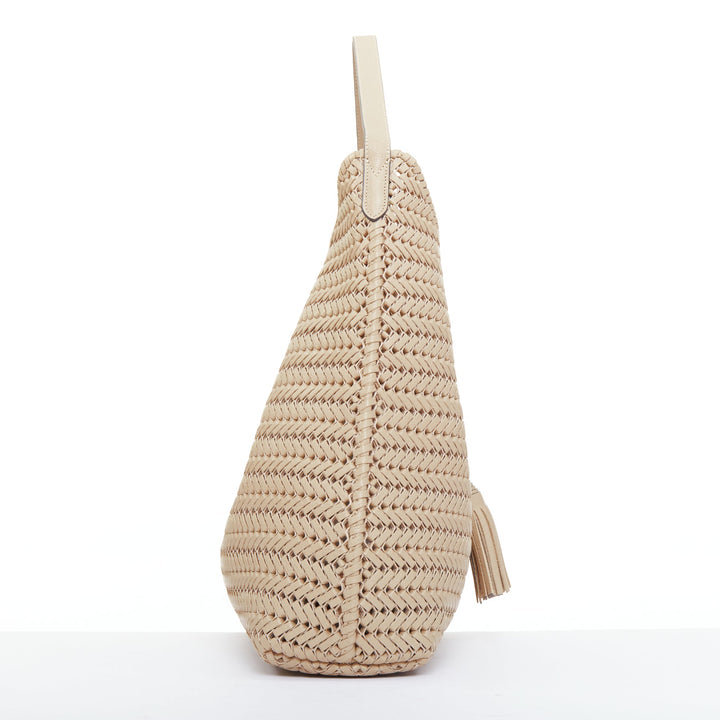 ANYA HINDMARCH Neeson Tassel Hobo beige capra leather fringe woven bag