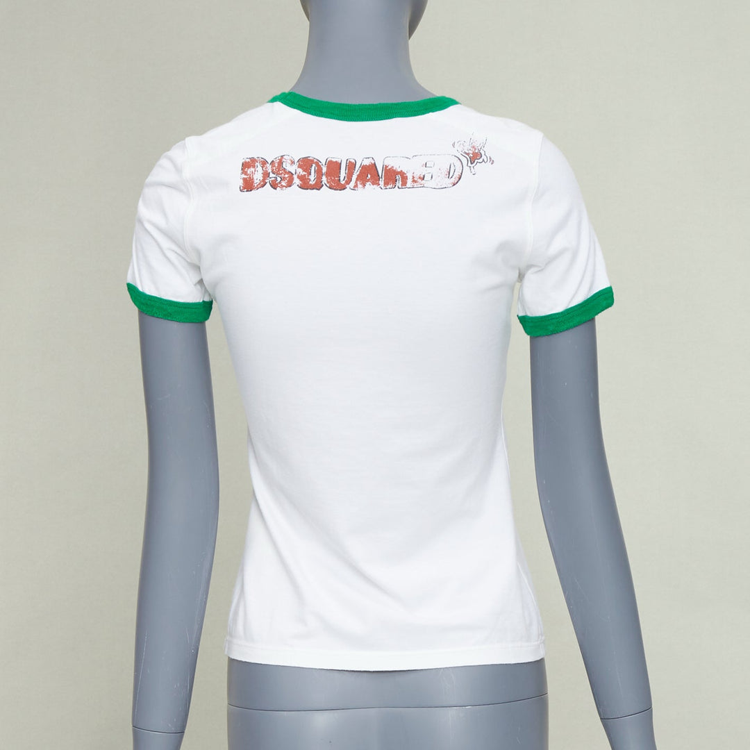 DSQUARED2 2003 white green trim Bambi profane pink crystal ringer tshirt M