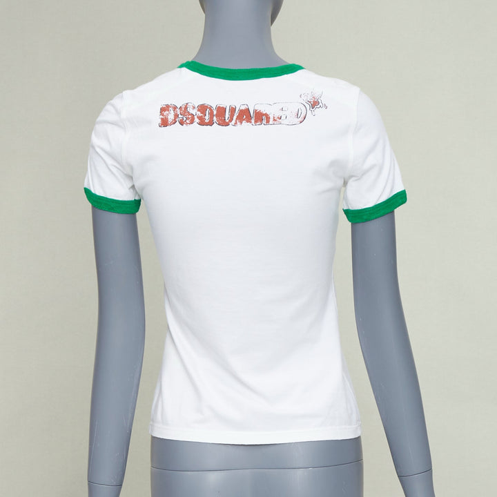 DSQUARED2 2003 white green trim Bambi profane pink crystal ringer tshirt M