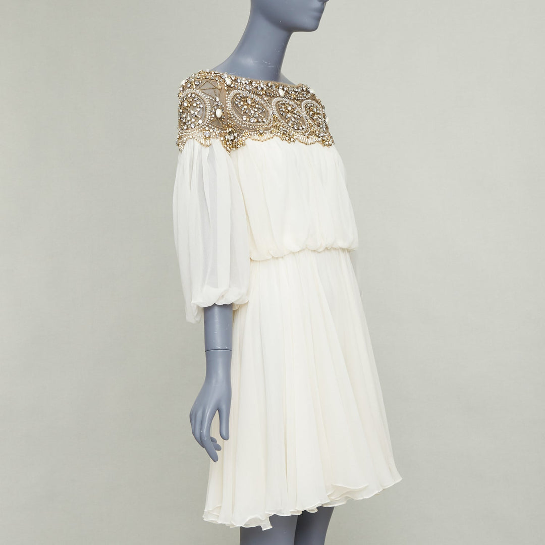 MARCHESA 2012 Runway ivory silk gold beads embellished off shoulder dress US4 S
