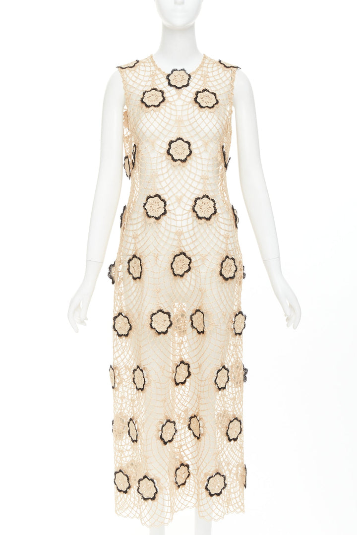 BEAUFILLE Zelle beige black braided jute black floral applique macrame dress L