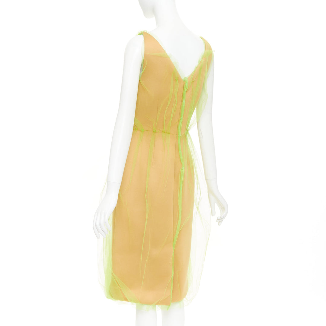 PRADA 2018 Runway neon green Technical Tulle Overlay V-Neck Bubble Dress IT42 M