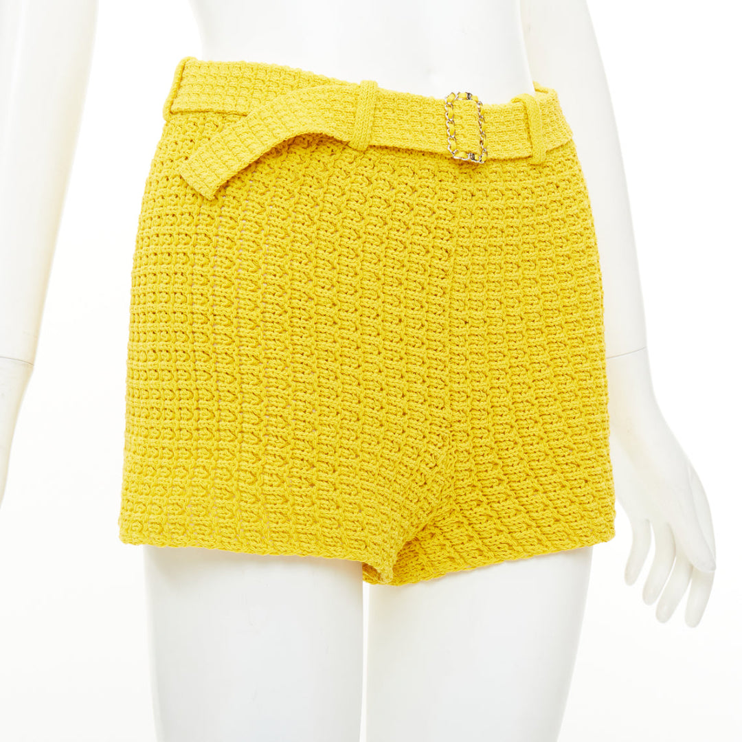 CHANEL 25C Runway yellow textured openwork knit belted shorts FR34 XS