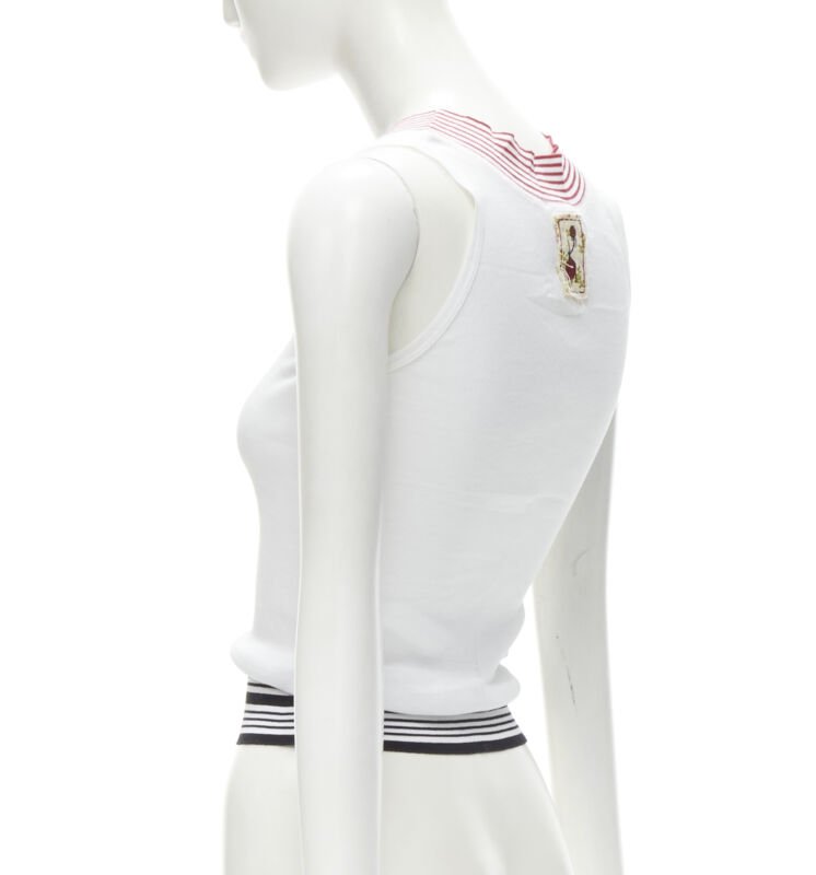 KENZO white cotton K logo rose badge nautical ribbed vest top M