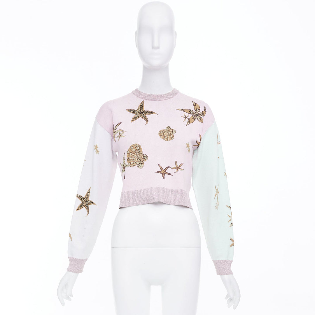VERSACE 2021 Tresor de la Mer pink crystal starfish lurex crop sweater IT38 XS