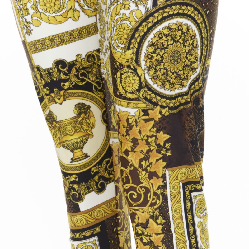 VERSACE Mosaic Barocco black brown scaled leather stretchy leggings IT42 M