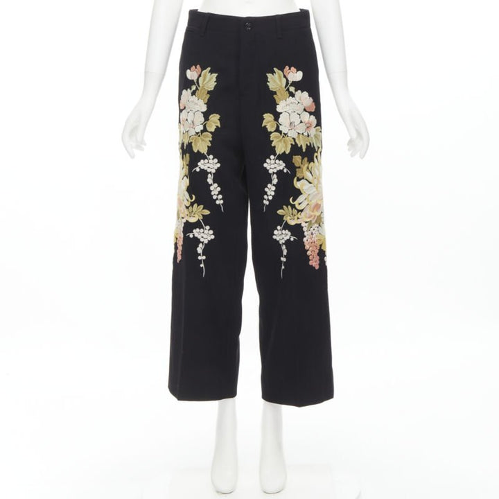GUCCI 2017 black wool chrysanthemum floral embroidery wide leg trousers IT38 XS