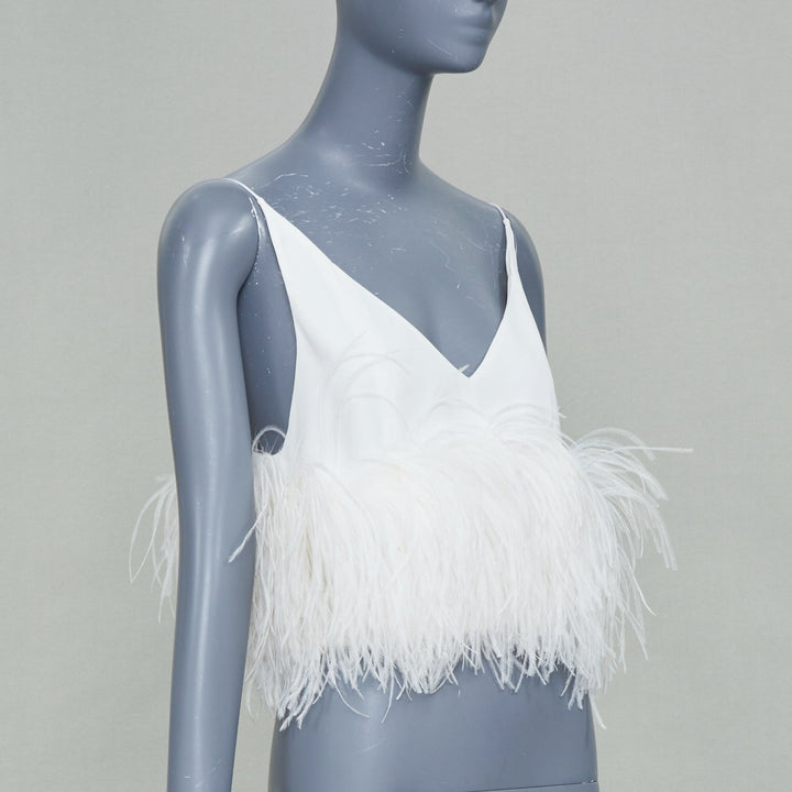 16ARLINGTON Poppy white crepe ostrich feather trim camisole evening top UK8 S