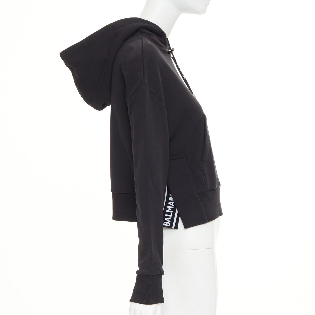 BALMAIN black cotton white flocked felt logo print side split fleece hoodie XS