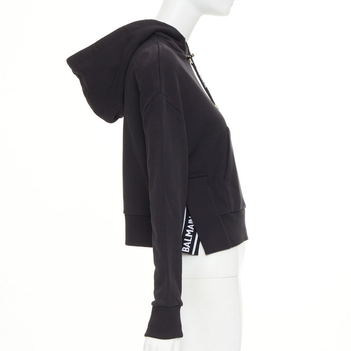 BALMAIN black cotton white flocked felt logo print side split fleece hoodie XS