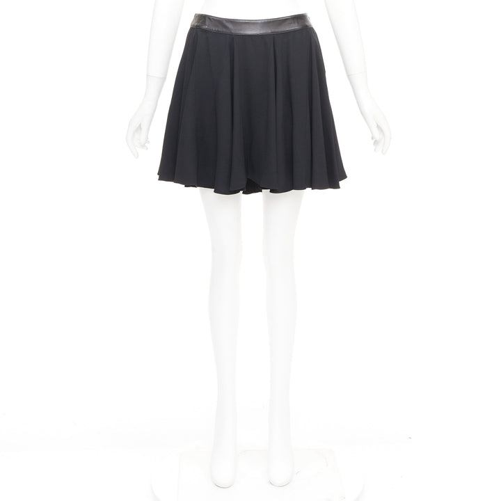 SAINT LAURENT 2012 black leather trim waist acetate mini flutter skirt FR36 S