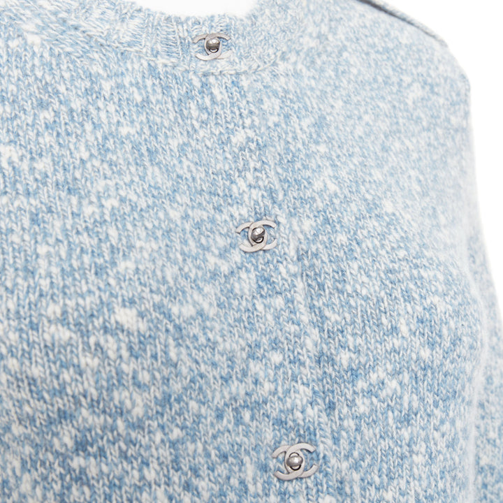 CHANEL blue melange cashmere CC turnlock buttons cardigan sweater FR36 S