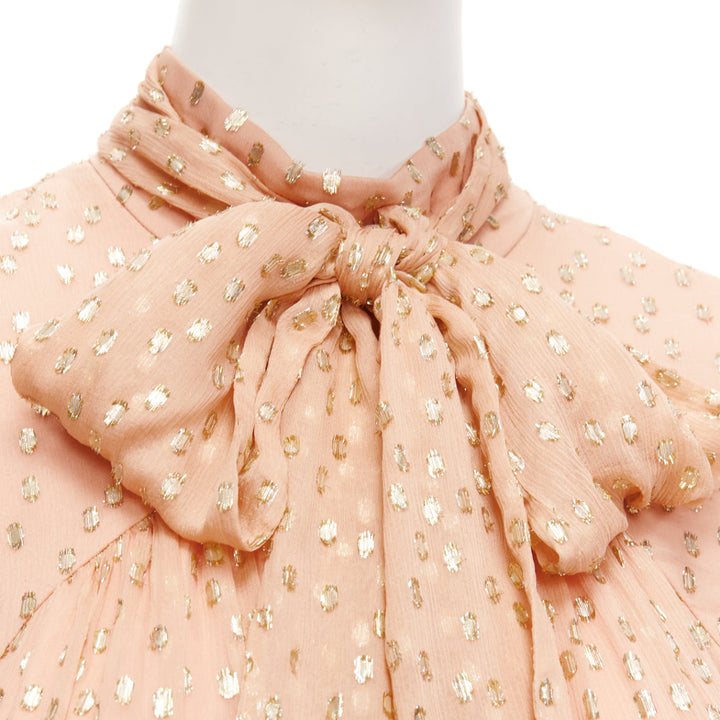 ZIMMERMANN pink gold silk lurex chiffon bow tie neck ethereal dress Size 1 XS