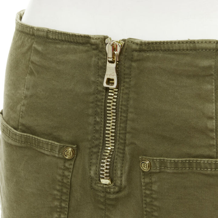 BALMAIN gold tone horsebit buckle green distressed cargo mini skirt FR34 XS