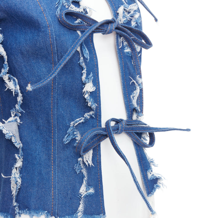 LADO BAKUCHAVA blue distressed shredded denim tie front jacket XS