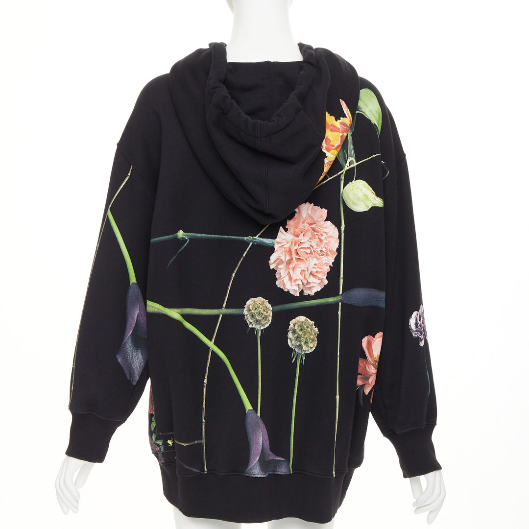 VALENTINO black cotton oversized macro rose floral print pouch hoodie M